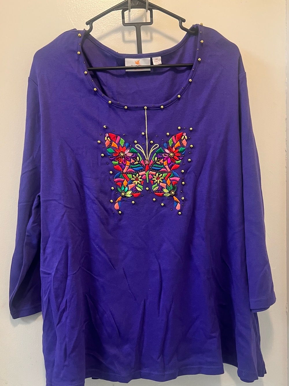 Quacker Factory Purple Butterfly Embroidered Top
